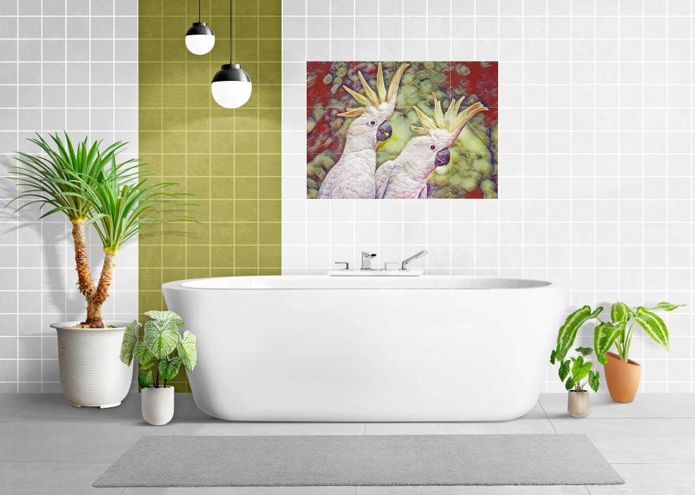 Tile Mural/Mosaic Ceramic Panel of Parrots Cockatoo Tropical Birds - Parrots wall print - Parrot wall art - Tile Mural - Tile Mosaic
