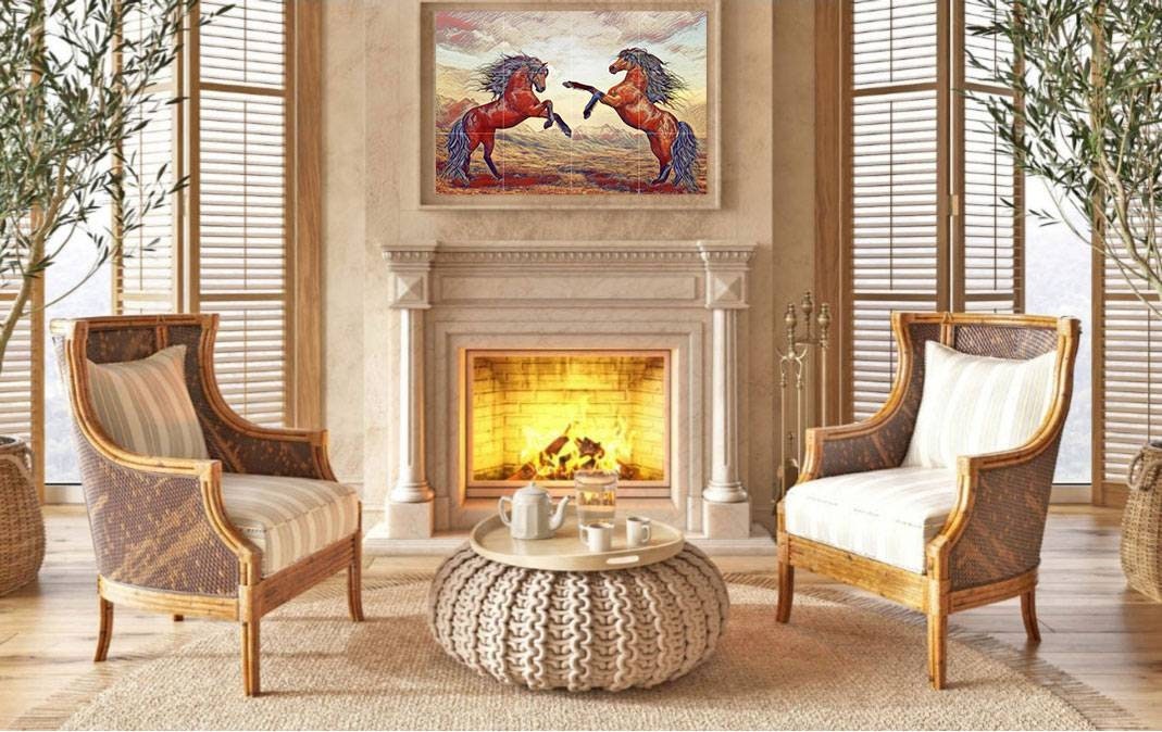 Tile Mural/Mosaic Ceramic Panel of Horses - Colourful Wall Nature Art - Horse Tile Mural - Gloss Tiles - Tile Mosaic