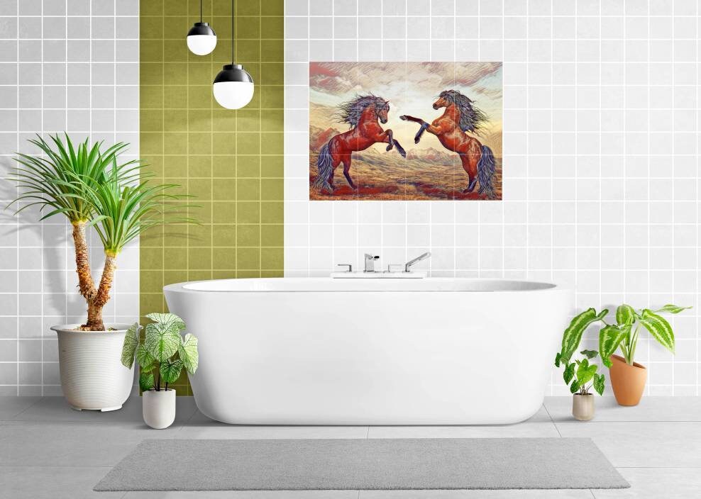 Tile Mural/Mosaic Ceramic Panel of Horses - Colourful Wall Nature Art - Horse Tile Mural - Gloss Tiles - Tile Mosaic
