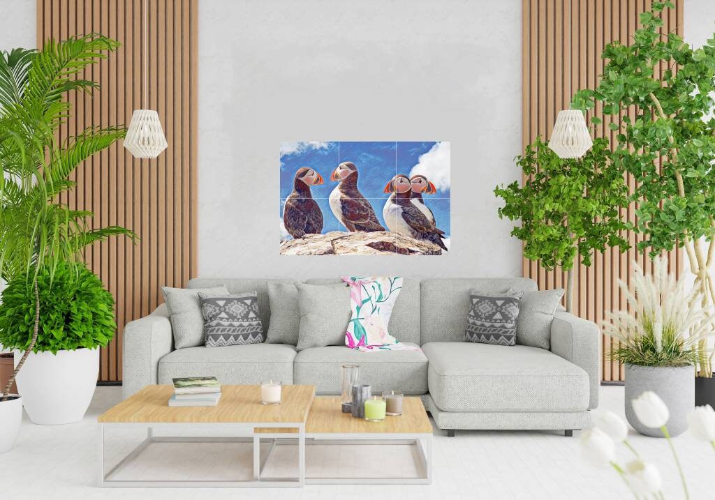 Tile Mural/Mosaic Ceramic Panel of Puffins - Puffin wall print - Puffins wall Art - Bird art print - Tile Mural - Gloss Tiles - Tile Mosaic