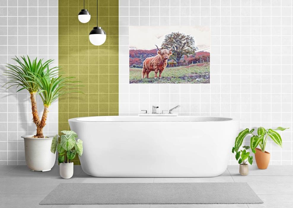 Tile Mural/Mosaic Ceramic Panel of a Scottish Highland Cow - Yak Colourful Wall Nature Art - Tile Mural - Highland Cow print - Tile Mosaic