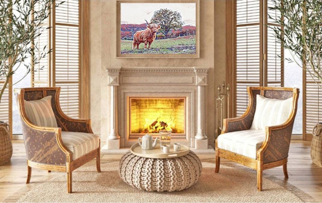 Tile Mural/Mosaic Ceramic Panel of a Scottish Highland Cow - Yak Colourful Wall Nature Art - Tile Mural - Highland Cow print - Tile Mosaic