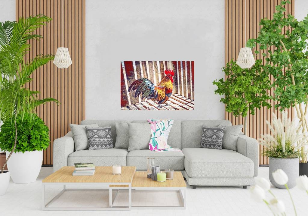 Tile Mural/Mosaic Ceramic Panel of a Rooster - Countryside Mural - Wall Nature Art - Rooster Mural - Tile Mural - Gloss Tiles - Tile Mosaic