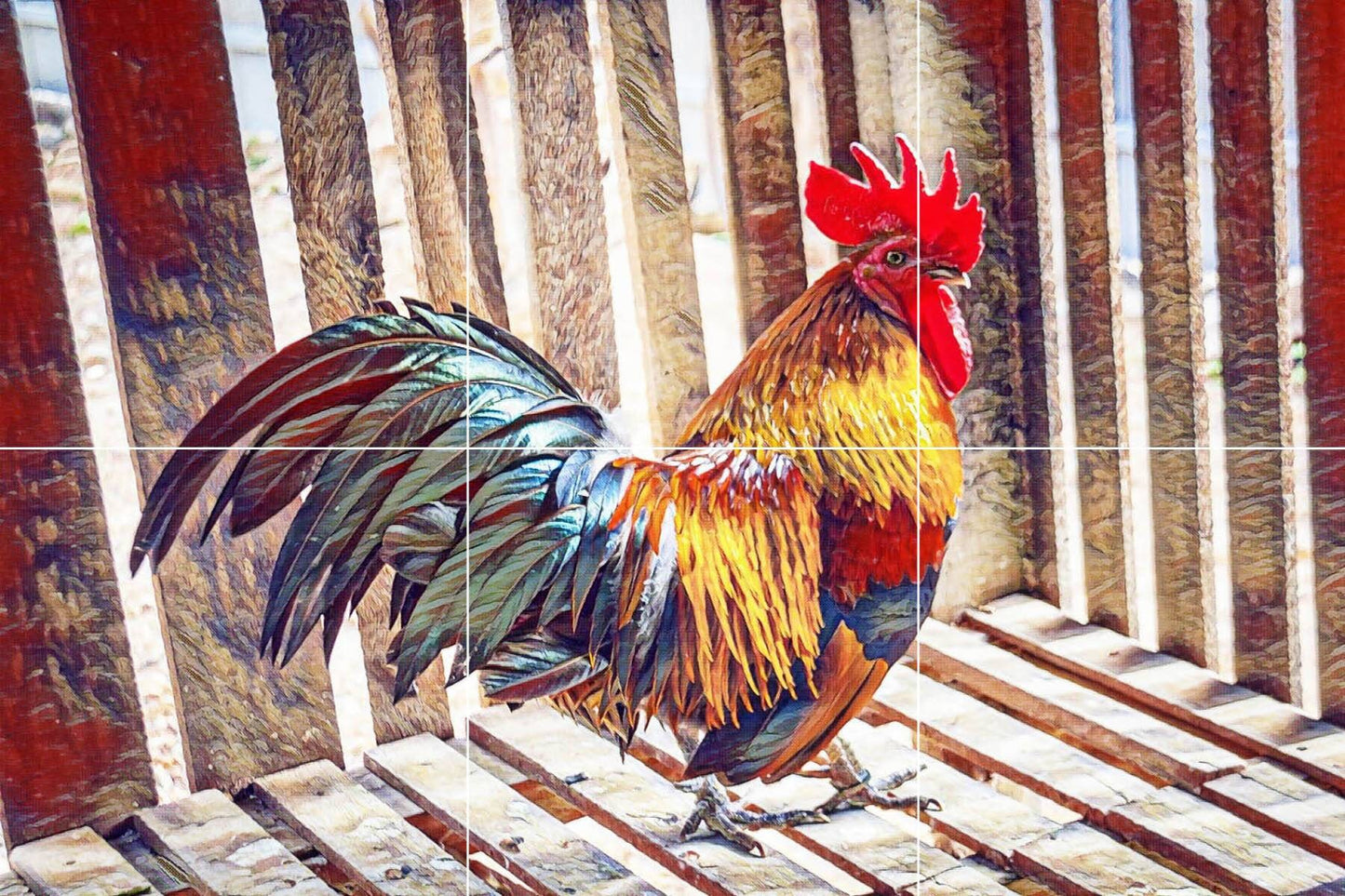 Tile Mural/Mosaic Ceramic Panel of a Rooster - Countryside Mural - Wall Nature Art - Rooster Mural - Tile Mural - Gloss Tiles - Tile Mosaic