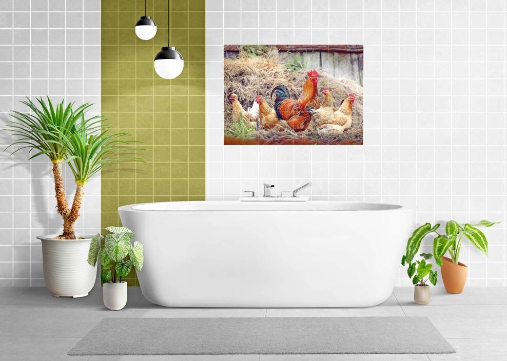 Tile Mural/Mosaic Ceramic Panel of a Rooster and Hen - Countryside Mural - Wall Art - Rooster Mural - Tile Mural - Gloss Tiles - Tile Mosaic