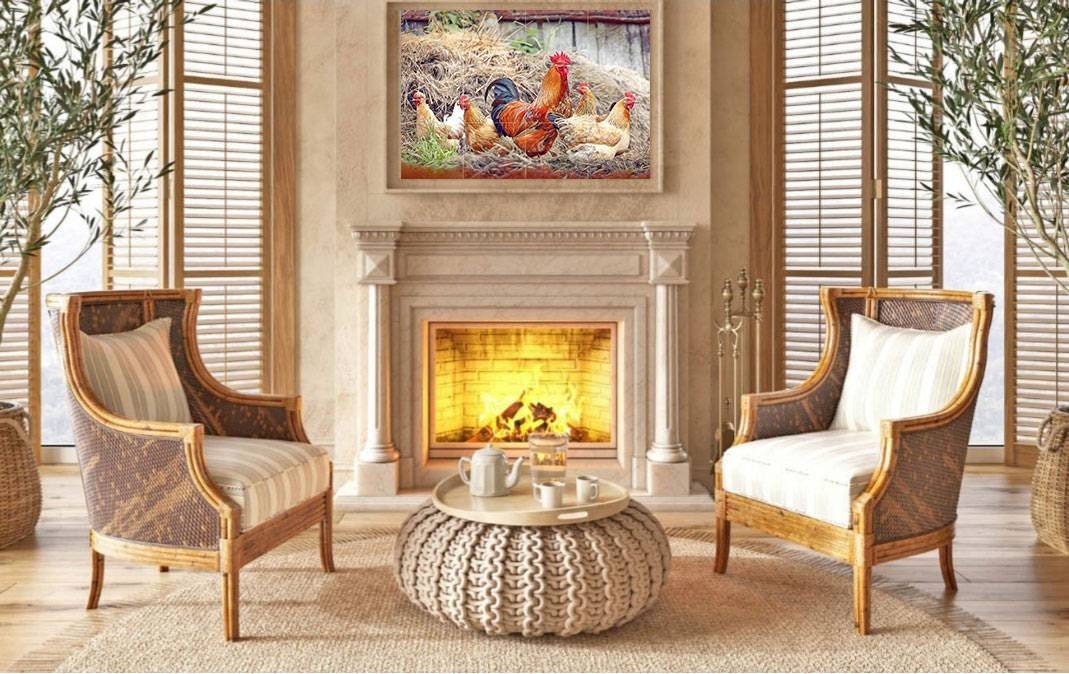 Tile Mural/Mosaic Ceramic Panel of a Rooster and Hen - Countryside Mural - Wall Art - Rooster Mural - Tile Mural - Gloss Tiles - Tile Mosaic