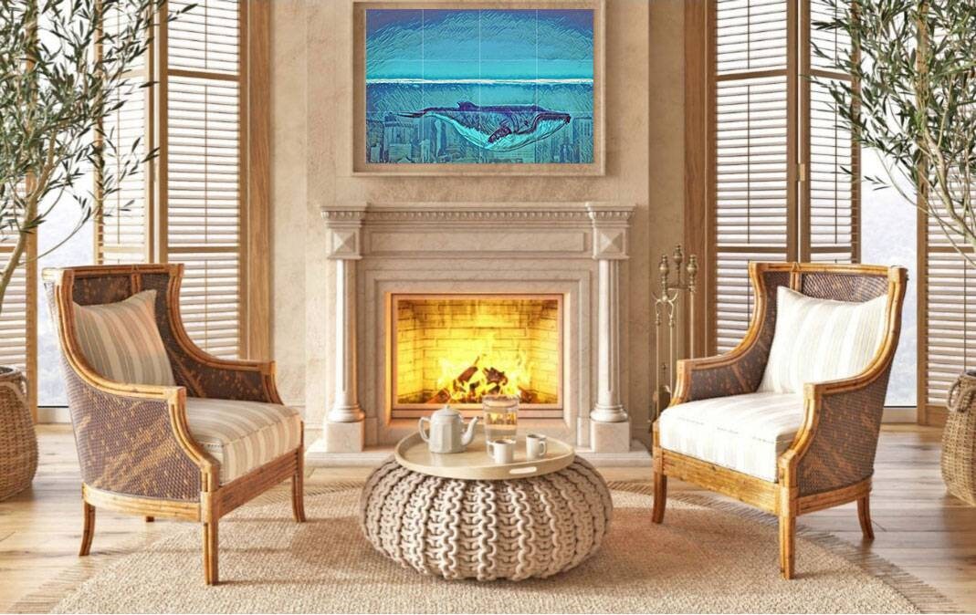 Tile Mural/Mosaic Ceramic Panel of a Whale Ocean World - Whale Mural - Wall Art - Tile Mural Art - Fish Mural - Home Decor - Tile Mosaic