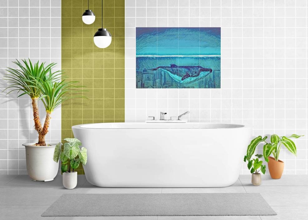 Tile Mural/Mosaic Ceramic Panel of a Whale Ocean World - Whale Mural - Wall Art - Tile Mural Art - Fish Mural - Home Decor - Tile Mosaic