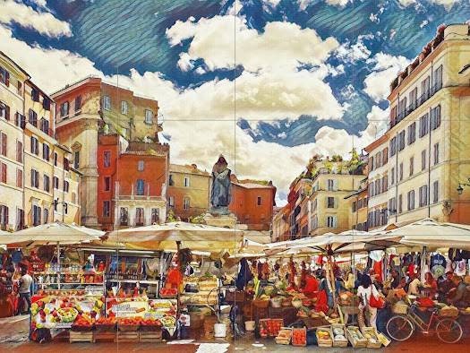 Tile Mural/Mosaic Ceramic Panel of Campo dei fiori Rome - Rome street market - Rome Wall Art - Tile Mural - Gloss Tiles - Tile Mosaic