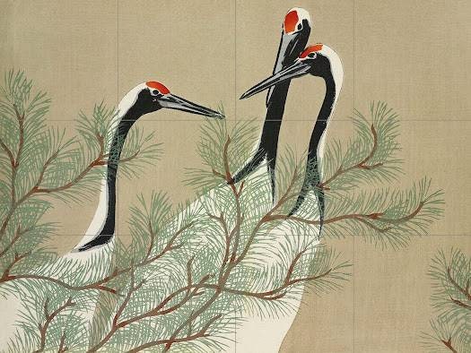 Tile Mural/Mosaic Ceramic Panel of Kamisaka Sekka Cranes from Momoyogusa Flowers - Sekka wall print - Tile Mural - Gloss Tiles - Tile Mosaic