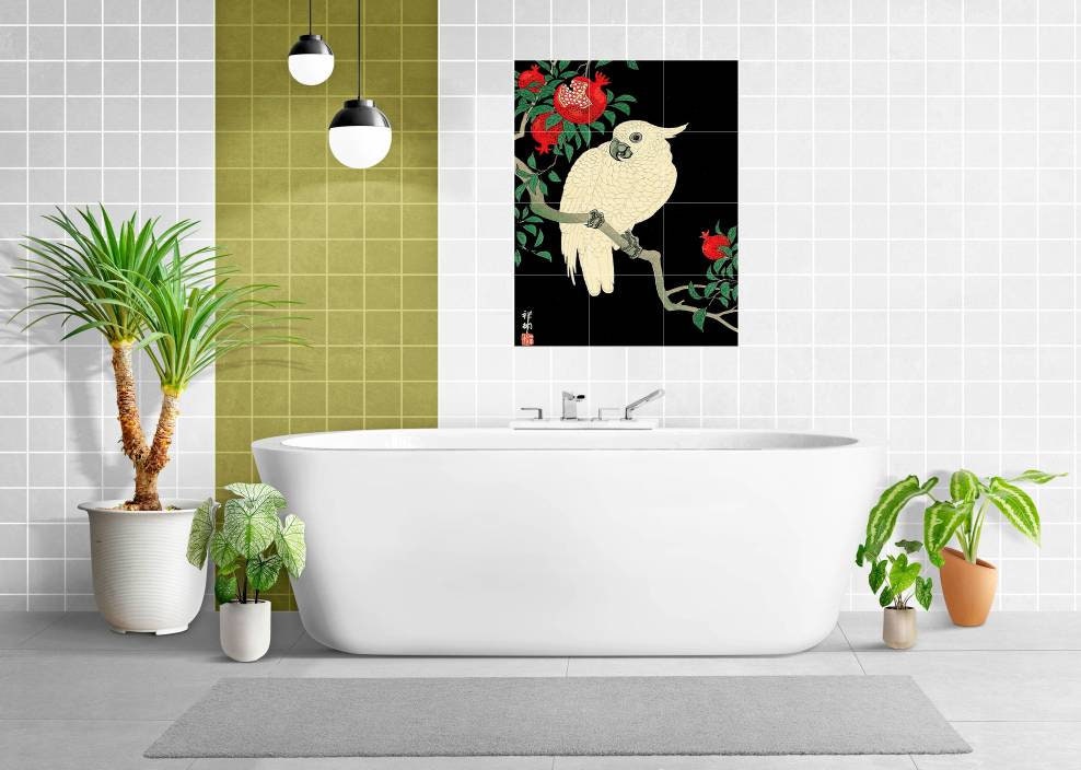 Tile Mural/Mosaic Ceramic Panel of Cockatoo and Pomegranate by Ohara Koson- Koson Wall Art -Tile Mural - Gloss Tiles - Tile Mosaic