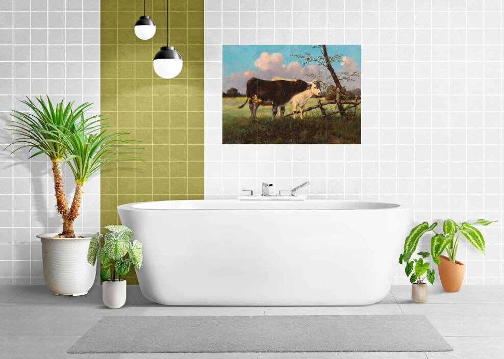 Tile Mural/Mosaic Ceramic Panel of Cows in a Meadow - Cow wall print - Cows wall art - Countryside Tile Mural - Gloss Tiles - Tile Mosaic