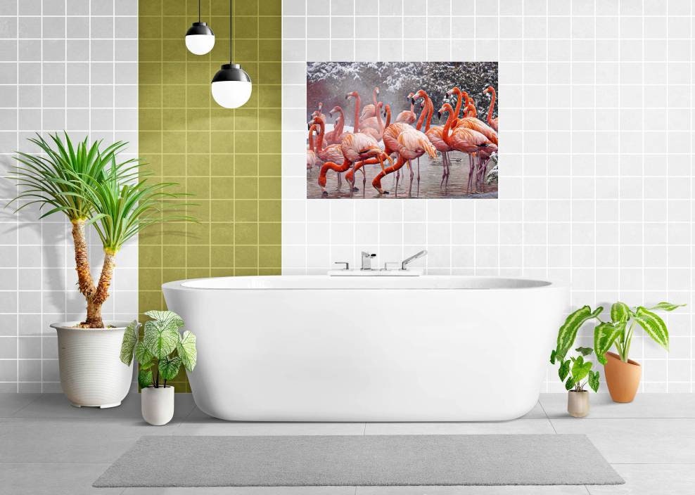 Tile Mural/Mosaic Ceramic Panel of Flamingos in the snow - Bird Wall Nature Art - Flamingos wall print - Home Decor -Tile Mosaic -wall tiles
