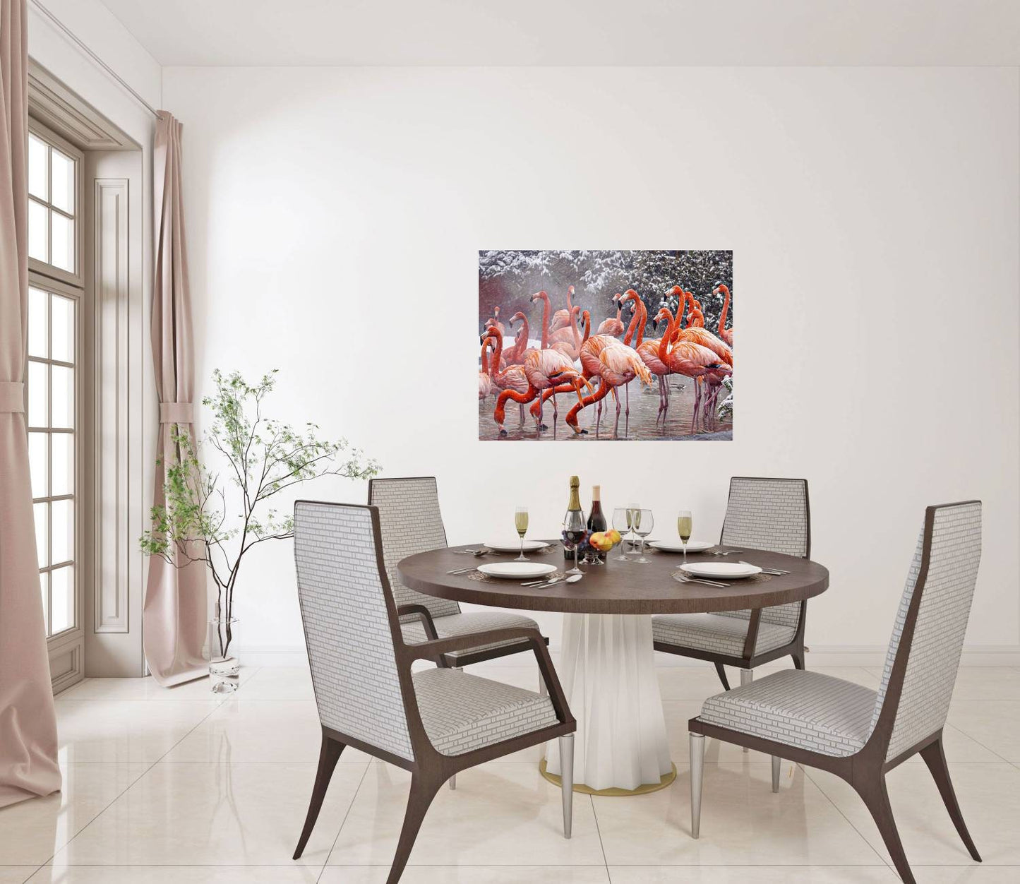 Tile Mural/Mosaic Ceramic Panel of Flamingos in the snow - Bird Wall Nature Art - Flamingos wall print - Home Decor -Tile Mosaic -wall tiles