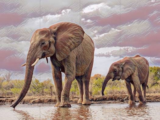 Tile Mural/Mosaic Ceramic Panel of an Elephant and Baby - Elephant wall print - Elephant wall art -Tile Mural - Gloss Tiles - Tile Mosaic