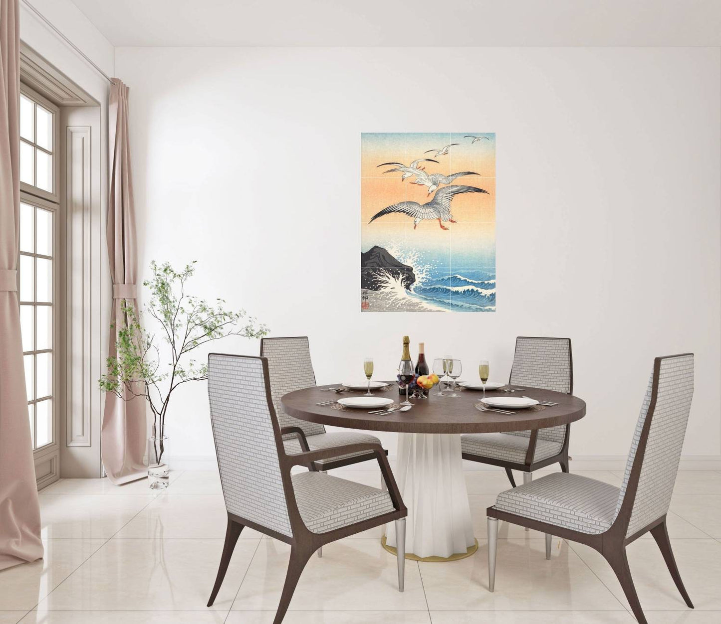 Tile Mural/Mosaic Ceramic Panel of Ohara Koson Five Seagulls - Ohara Koson wall print - Japanese print- Tile Mural -Gloss Tiles -Tile Mosaic