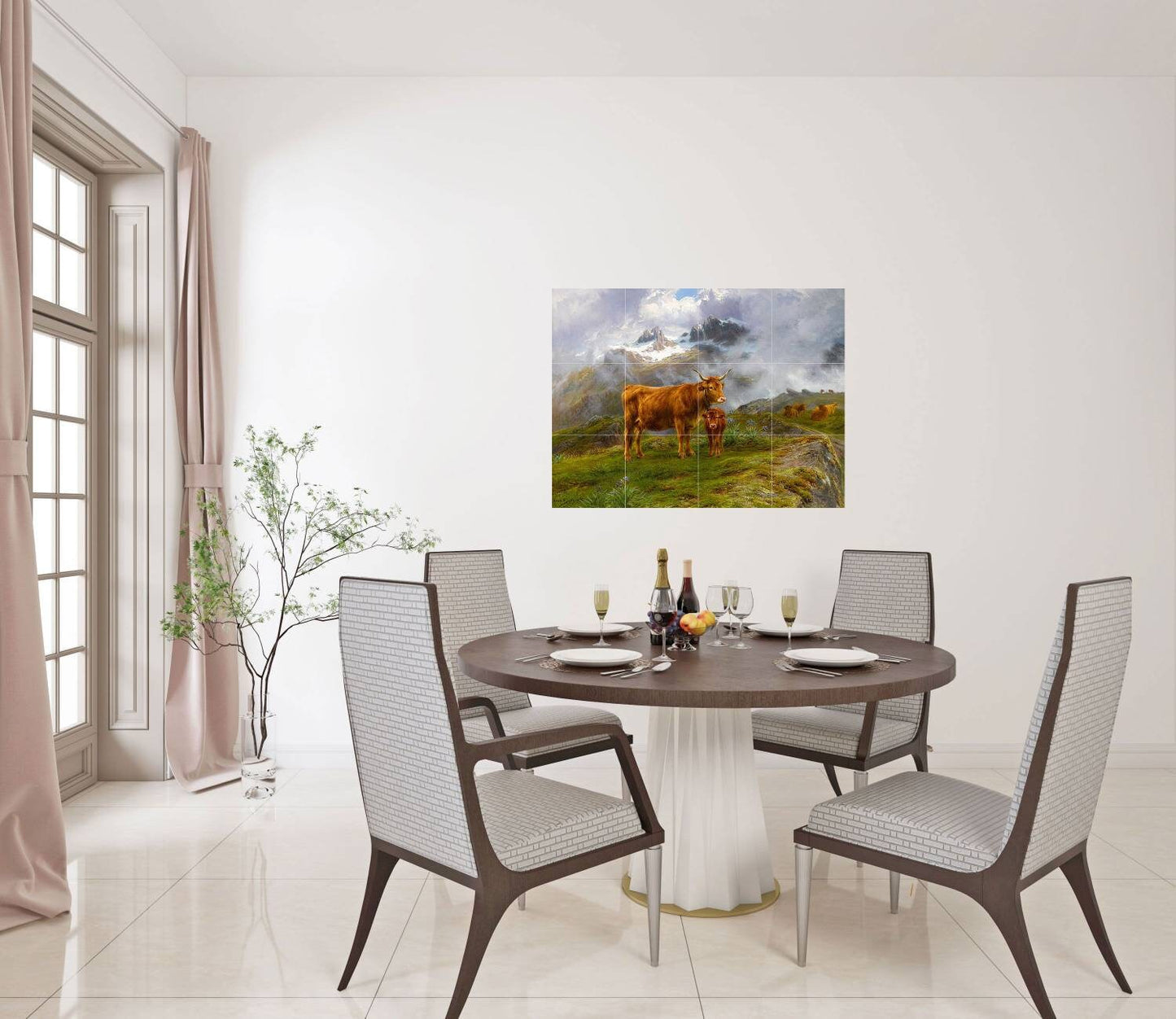 Tile Mural/Mosaic Ceramic Panel of Highland Cattle - Bonheur - Colourful Wall Nature Art - Tile Mural - Gloss Tiles - Tile Mosaic