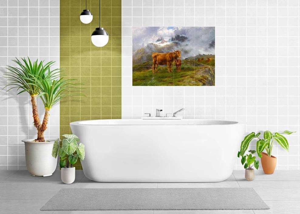 Tile Mural/Mosaic Ceramic Panel of Highland Cattle - Bonheur - Colourful Wall Nature Art - Tile Mural - Gloss Tiles - Tile Mosaic