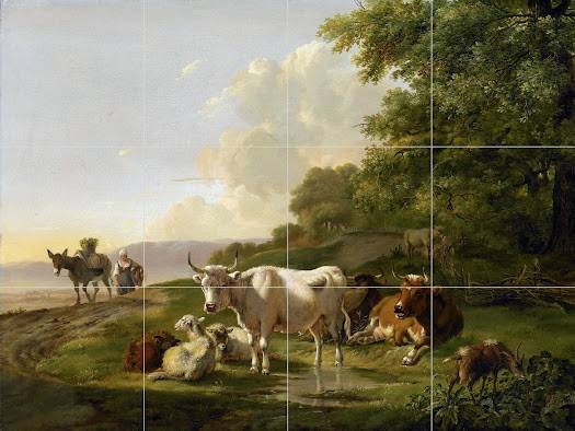 Tile Mural/Mosaic Ceramic Panel of a Gerardus van Os Landscape with Cattle - Cows wall print - van Os Tile Mural - Gloss Tiles -Tile Mosaic