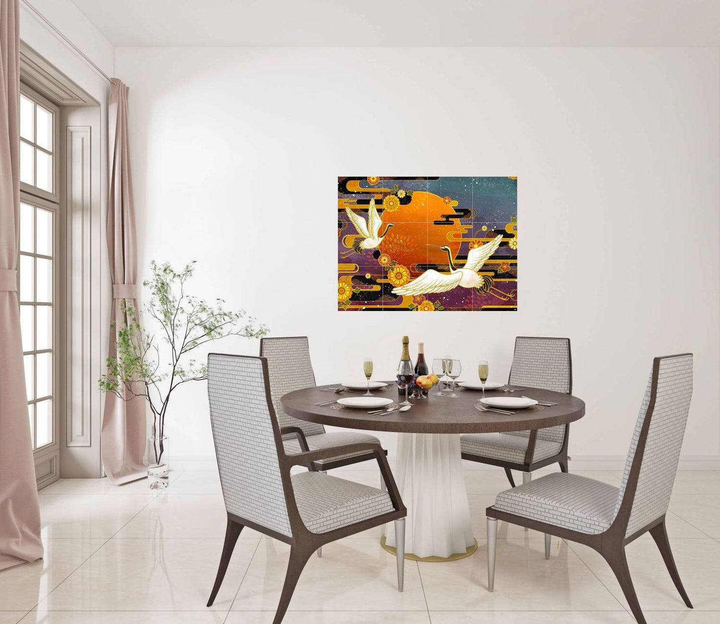 Tile Mural/Mosaic Ceramic Panel of Japanese Cranes - Japanese wall art - Crane Wall Art - Crane bird print Tile Mural - Bird Tile Mosaic