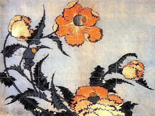 Hokusai Poppies Tile Mural: Japanese Art Ceramic Mosaic Panel