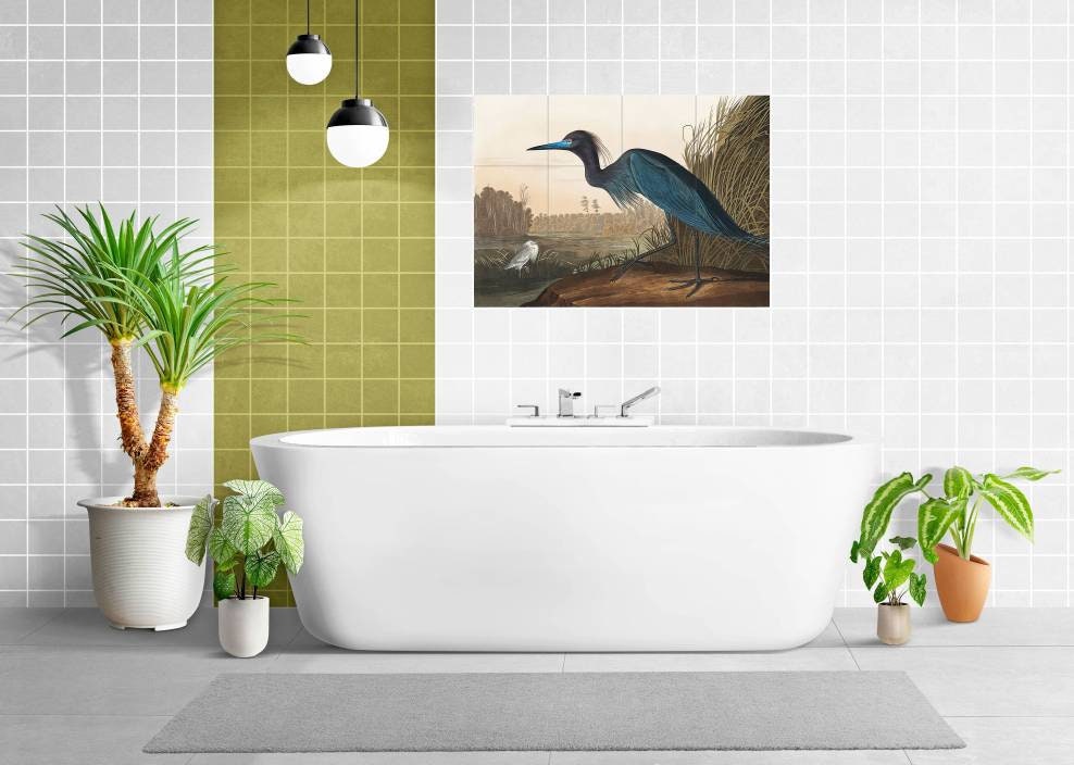 Tile Mural/Mosaic Ceramic Panel of a Blue Crane, Heron- John James Audubon - Wall Nature Art - Tile Mural - Gloss Tiles - Bird Tile Mosaic