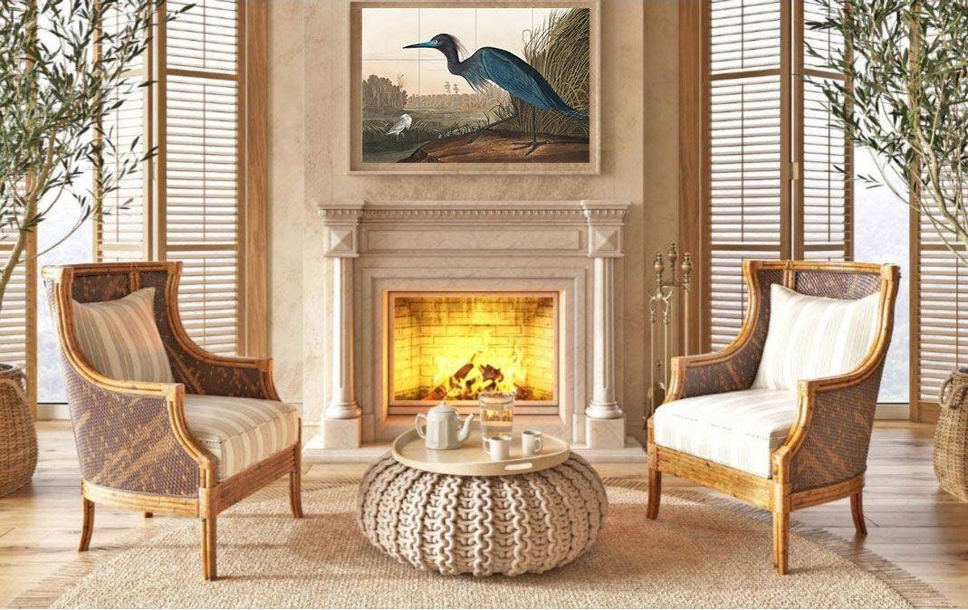 Tile Mural/Mosaic Ceramic Panel of a Blue Crane, Heron- John James Audubon - Wall Nature Art - Tile Mural - Gloss Tiles - Bird Tile Mosaic