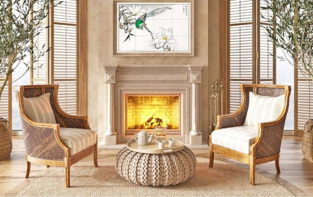 Tile Mural/Mosaic Ceramic Panel of Chinese Tree Pipit and Magnolia- Numata Kashu- Wall Nature Art-Tile Mural- Gloss Tiles - Bird Tile Mosaic