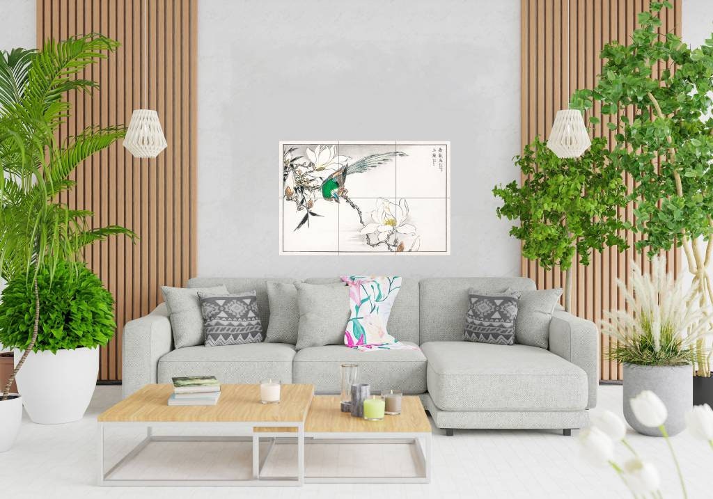 Tile Mural/Mosaic Ceramic Panel of Chinese Tree Pipit and Magnolia- Numata Kashu- Wall Nature Art-Tile Mural- Gloss Tiles - Bird Tile Mosaic