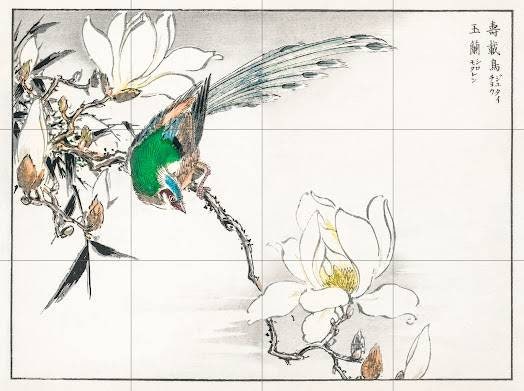 Tile Mural/Mosaic Ceramic Panel of Chinese Tree Pipit and Magnolia- Numata Kashu- Wall Nature Art-Tile Mural- Gloss Tiles - Bird Tile Mosaic