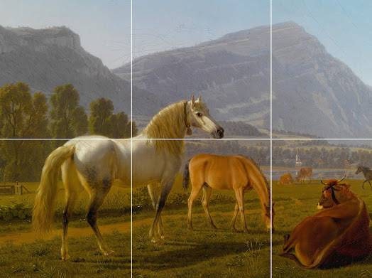 Tile Mural/Mosaic Ceramic Panel of Johann Jakob Biedermann Alpine Landscape with Horses - Horse wall print - Gloss Tiles - Tile Mosaic