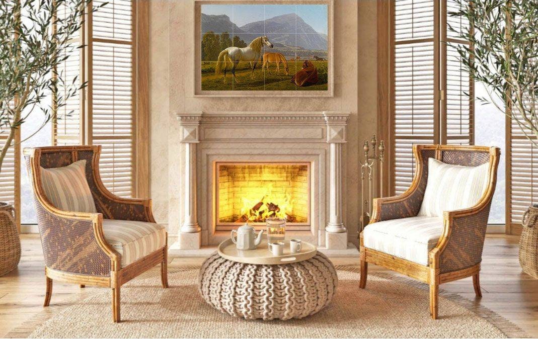 Tile Mural/Mosaic Ceramic Panel of Johann Jakob Biedermann Alpine Landscape with Horses - Horse wall print - Gloss Tiles - Tile Mosaic