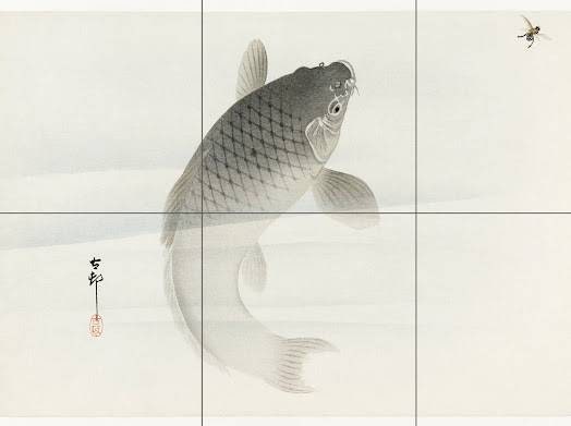 Tile Mural/Mosaic Ceramic Panel of Carp and Fly by Ohara Koson - Koson wall print - Tile Mural - Gloss Tiles - Tile Mosaic - Fish Mural