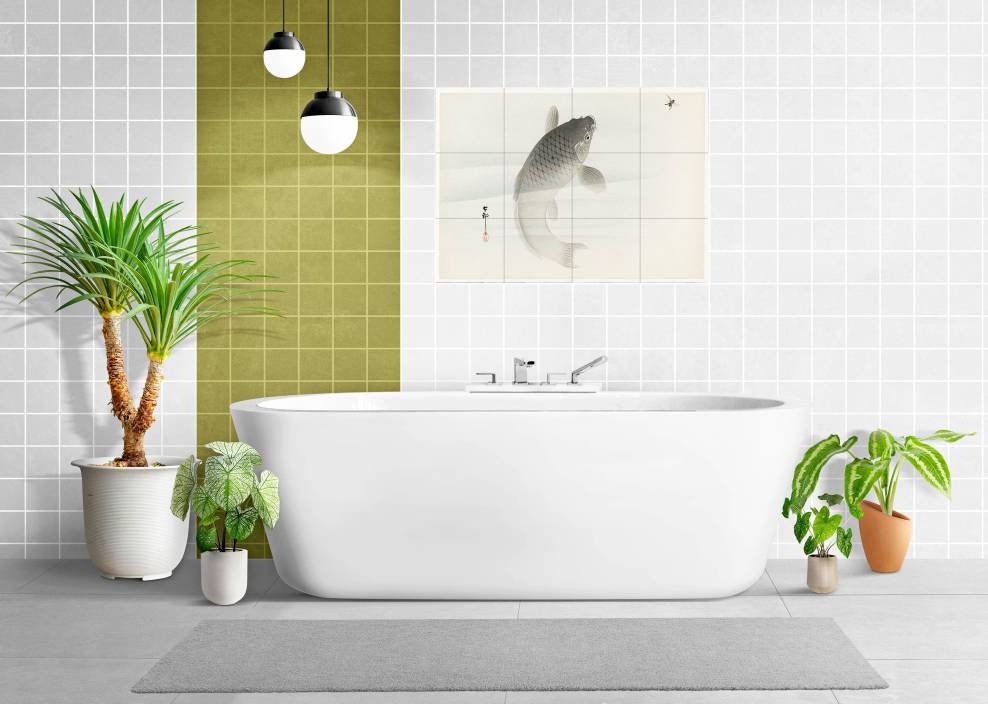 Tile Mural/Mosaic Ceramic Panel of Carp and Fly by Ohara Koson - Koson wall print - Tile Mural - Gloss Tiles - Tile Mosaic - Fish Mural