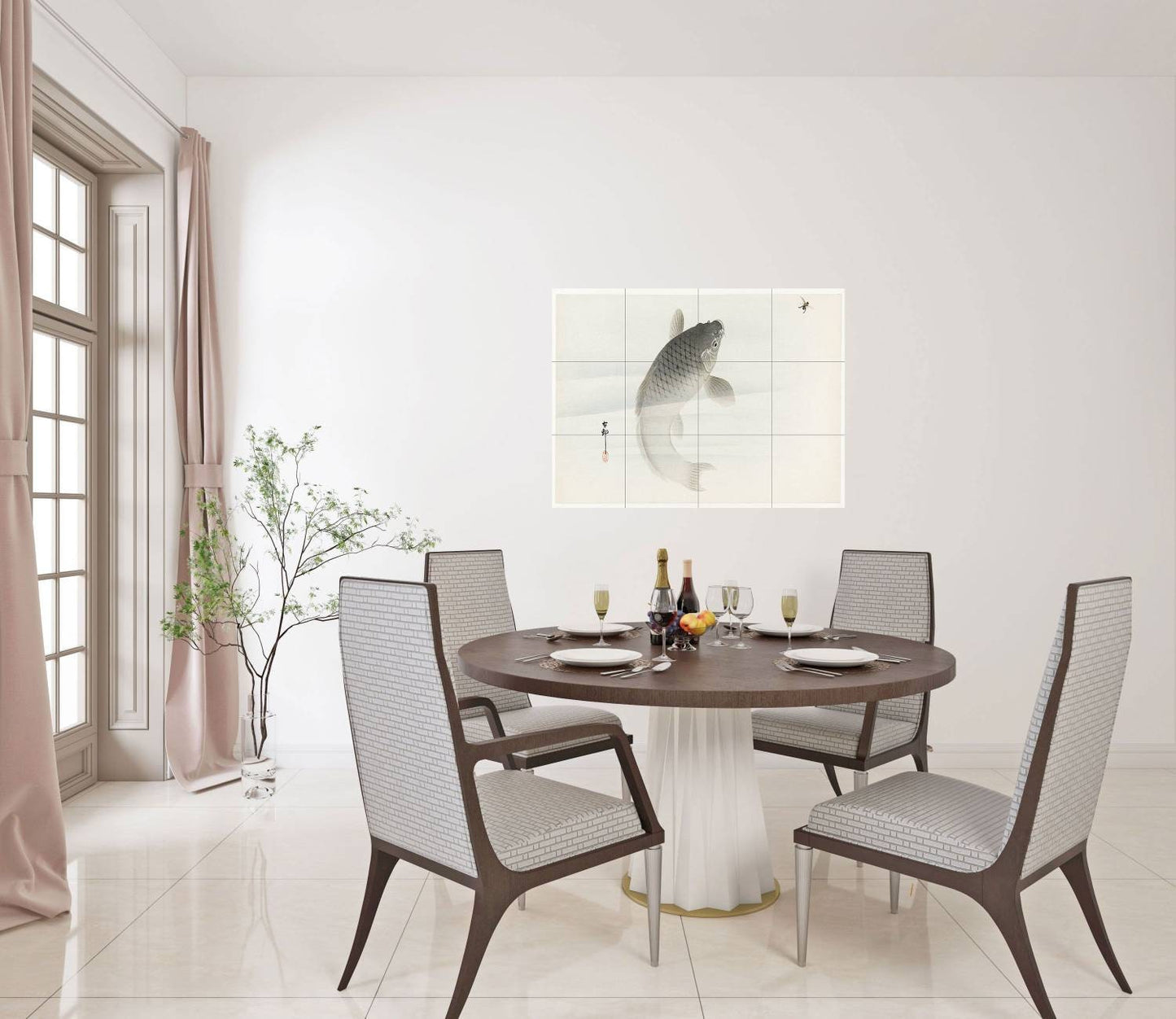 Tile Mural/Mosaic Ceramic Panel of Carp and Fly by Ohara Koson - Koson wall print - Tile Mural - Gloss Tiles - Tile Mosaic - Fish Mural