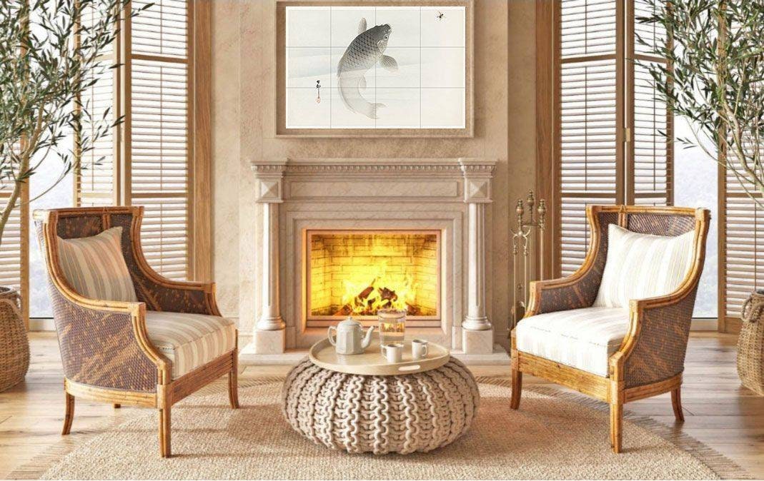Tile Mural/Mosaic Ceramic Panel of Carp and Fly by Ohara Koson - Koson wall print - Tile Mural - Gloss Tiles - Tile Mosaic - Fish Mural