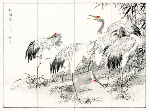 Tile Mural/Mosaic Ceramic Panel of Numata Kashu Japanese Crane and Bamboo - Crane Bird print - Tile Mural - Gloss Tiles - Bird Tile Mosaic