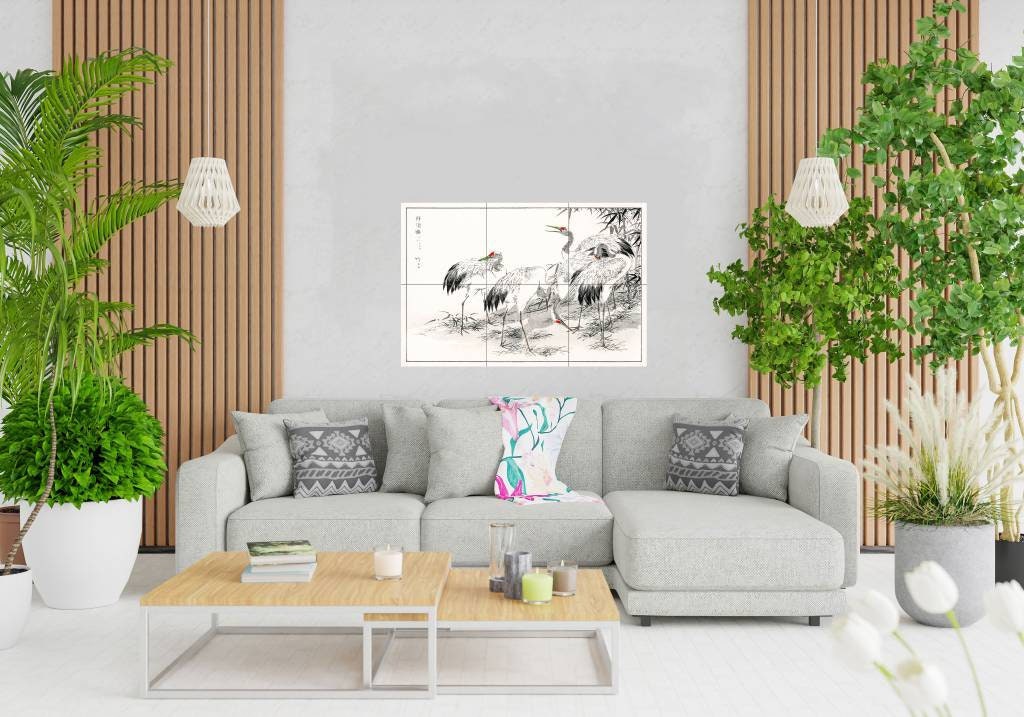 Tile Mural/Mosaic Ceramic Panel of Numata Kashu Japanese Crane and Bamboo - Crane Bird print - Tile Mural - Gloss Tiles - Bird Tile Mosaic