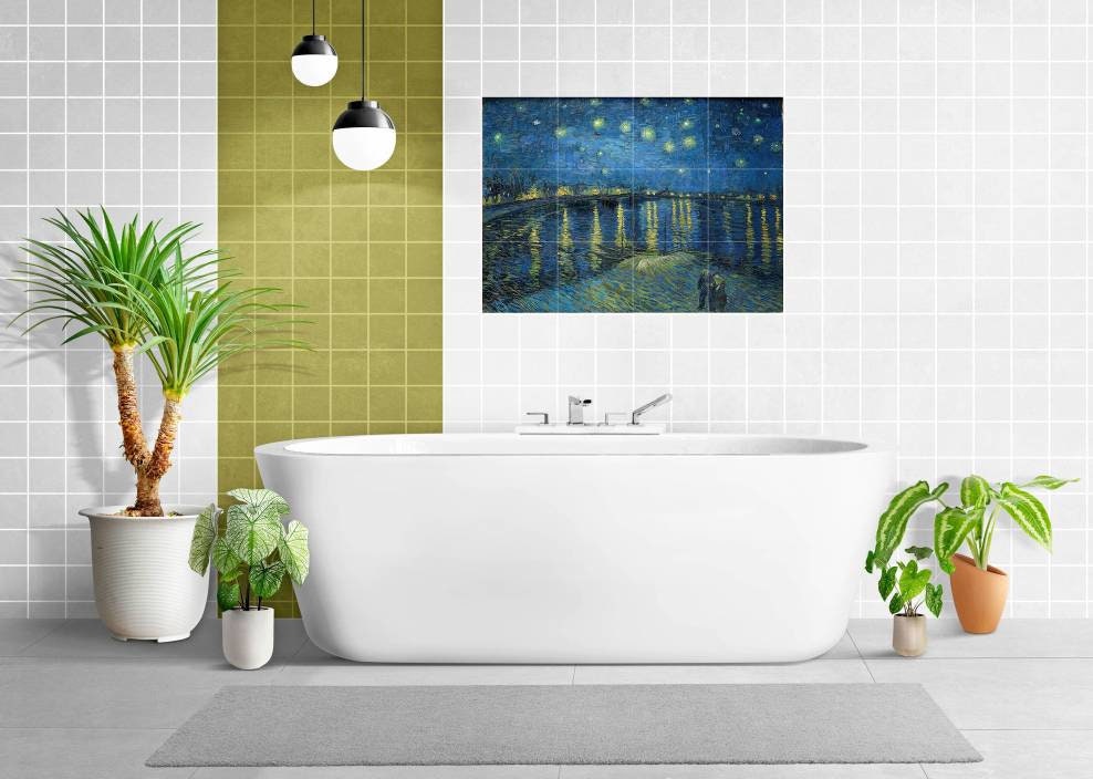 Tile Mural/Mosaic Ceramic Panel of Vincent Van Gogh Starry Night Over The Rhone - Starry Night print - Van Gogh Print- Tile Mosaic
