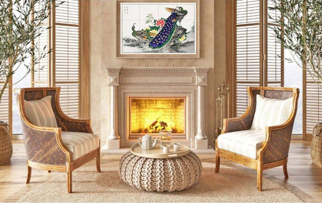 Tile Mural/Mosaic Ceramic Panel of Numata Kashu Peacock and Peony - Numata Kashu print - Japanese wall print -Peacock print - Japanese Mural