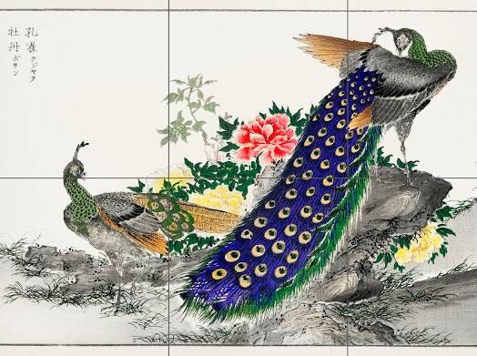 Tile Mural/Mosaic Ceramic Panel of Numata Kashu Peacock and Peony - Numata Kashu print - Japanese wall print -Peacock print - Japanese Mural