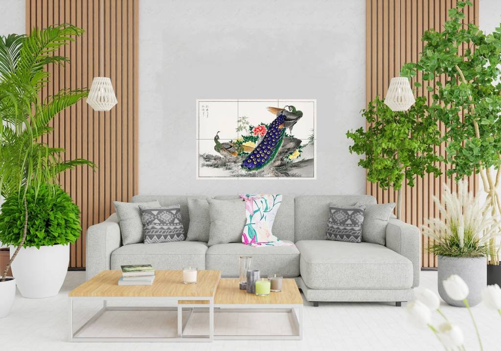 Tile Mural/Mosaic Ceramic Panel of Numata Kashu Peacock and Peony - Numata Kashu print - Japanese wall print -Peacock print - Japanese Mural