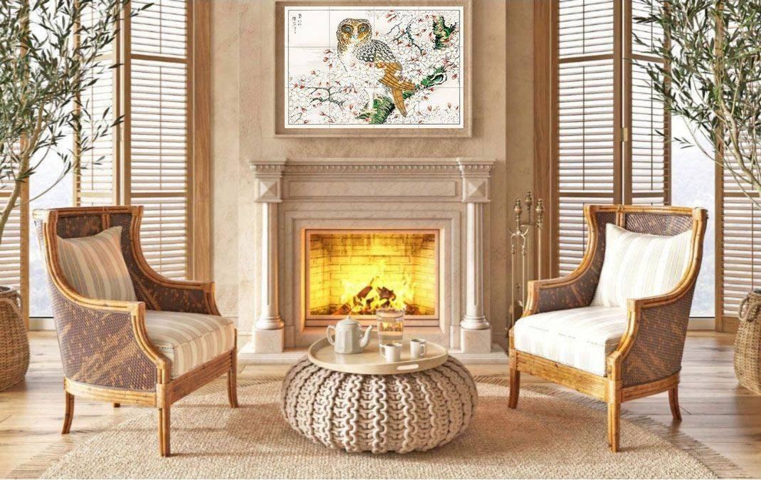Tile Mural/Mosaic Ceramic Panel of Numata Kashu Short Eared Owl and Cherry Flower - Kashu Wall print - Bird Tile Mosaic - Japanese Mural
