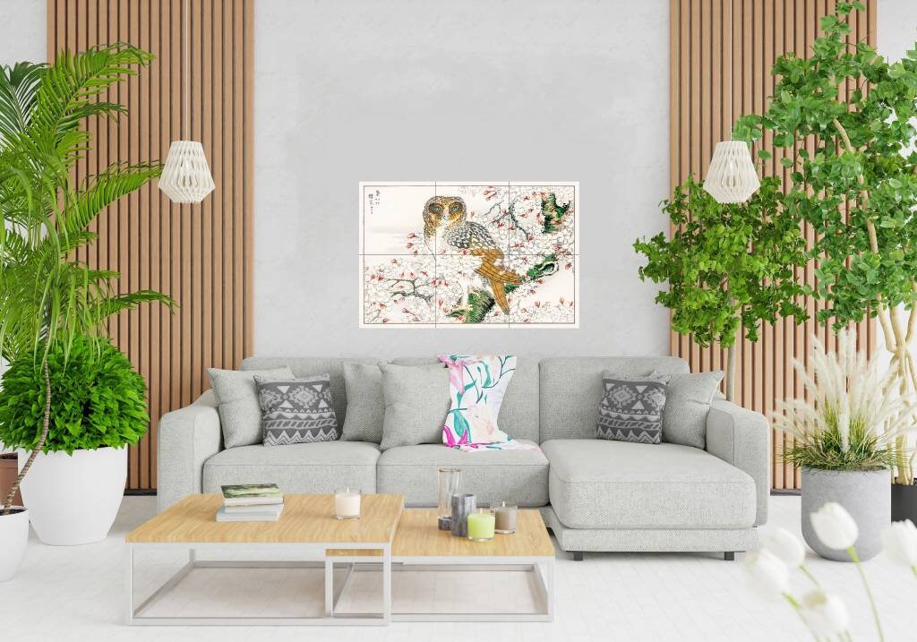 Tile Mural/Mosaic Ceramic Panel of Numata Kashu Short Eared Owl and Cherry Flower - Kashu Wall print - Bird Tile Mosaic - Japanese Mural