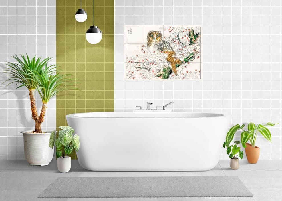 Tile Mural/Mosaic Ceramic Panel of Numata Kashu Short Eared Owl and Cherry Flower - Kashu Wall print - Bird Tile Mosaic - Japanese Mural