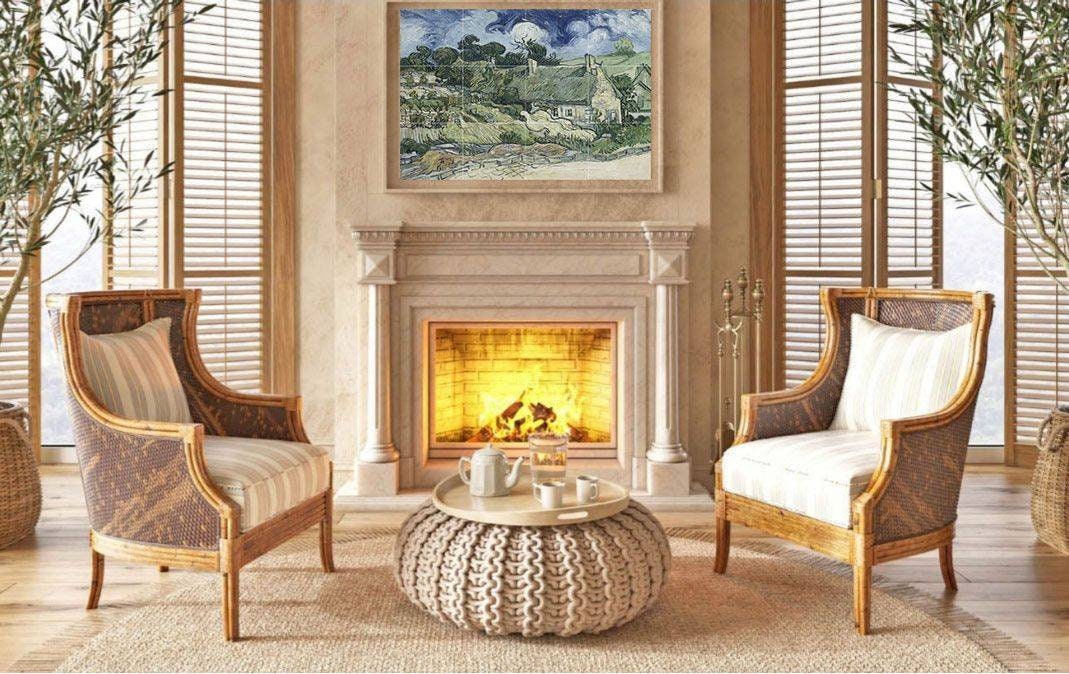 Tile Mural/Mosaic Ceramic Panel of Vincent Van Gogh Thatched Cottages at Cordeville - Van Gogh Wall Print - Tile Mosaic Art - Gloss Tiles