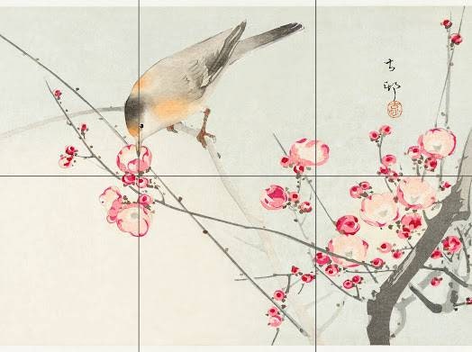 Tile Mural/Mosaic Ceramic Panel of Ohara Koson Songbird on Blossom branch - Ohara Koson print - Koson art -Japanese print - Tile Mosaic Art