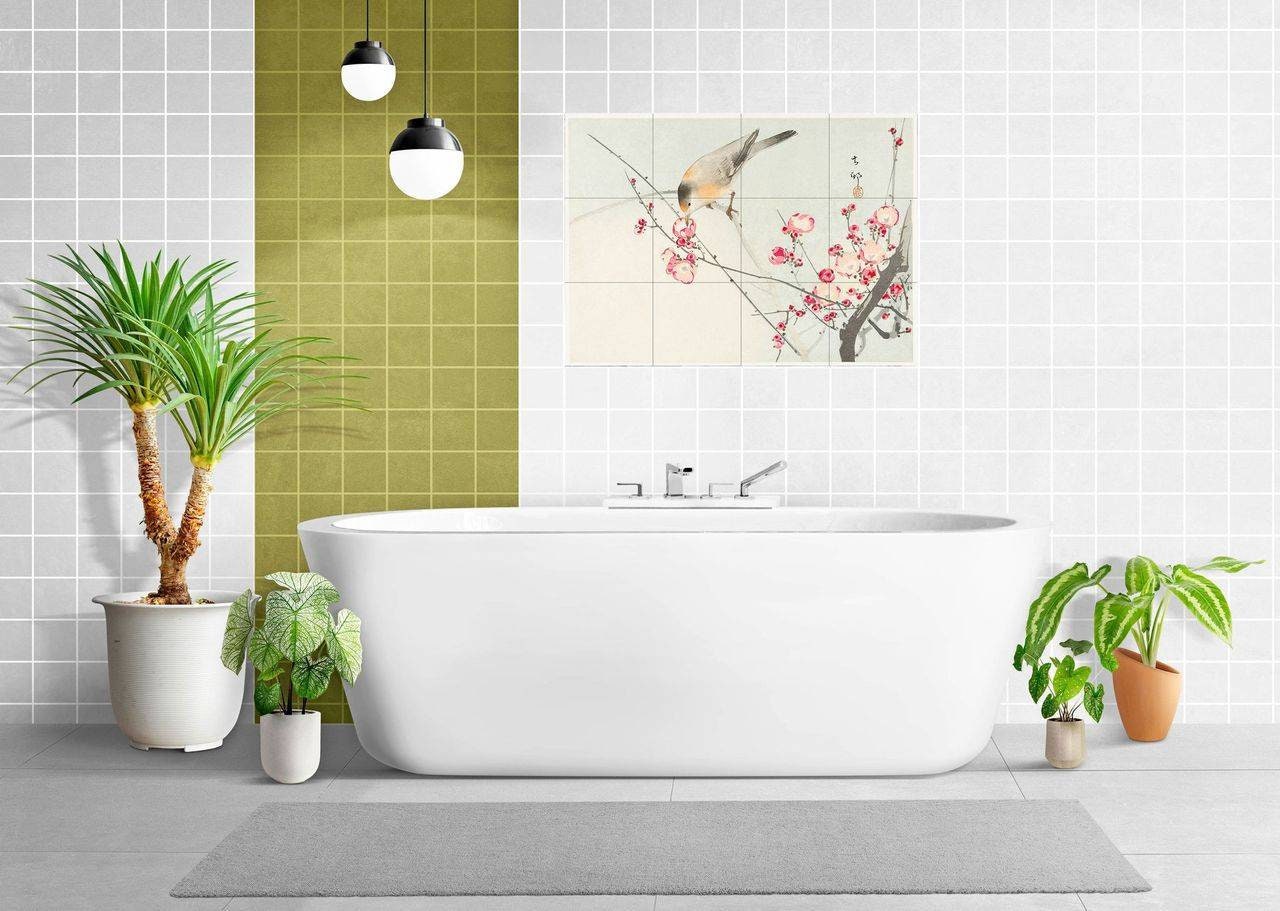 Tile Mural/Mosaic Ceramic Panel of Ohara Koson Songbird on Blossom branch - Ohara Koson print - Koson art -Japanese print - Tile Mosaic Art