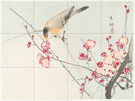 Tile Mural/Mosaic Ceramic Panel of Ohara Koson Songbird on Blossom branch - Ohara Koson print - Koson art -Japanese print - Tile Mosaic Art