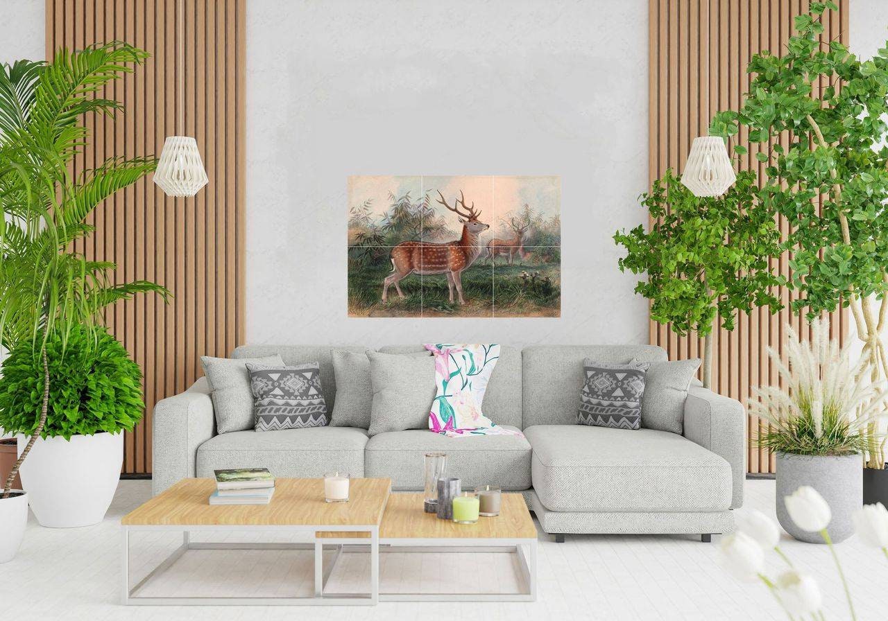 Tile Mural/Mosaic Ceramic Panel of The Formosan Deer - Joseph Wolf - Deer Art Print - Tile Mural Art - Gloss Tiles - Nature Wall Tile Mosaic